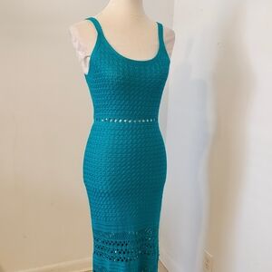 MIHOLL Elegant Teal Sleeveless Crochet Swimsuit Cover Up Cutout Dress S